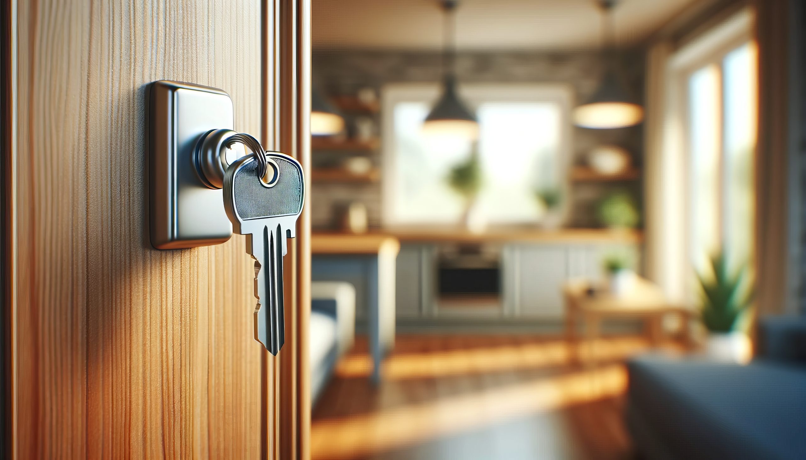 House key in a door with home interior blurred